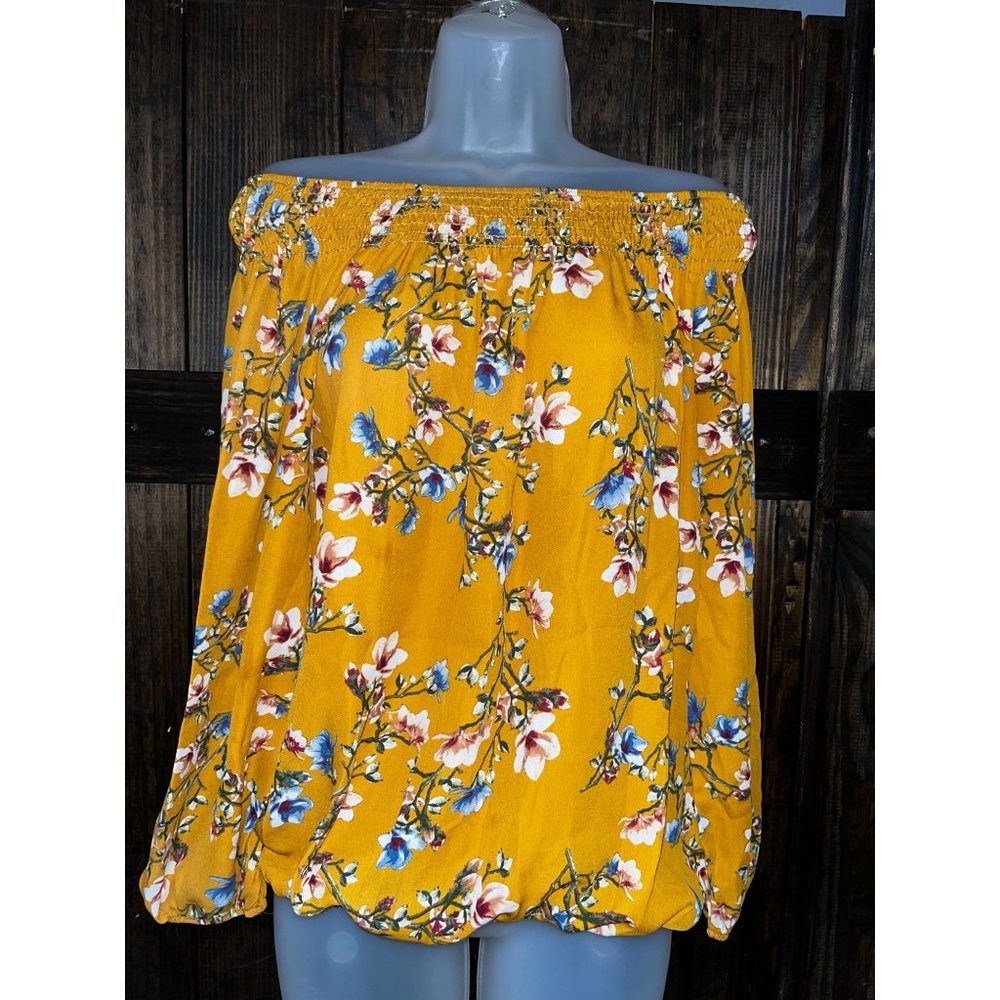 Let Them Eat Cake Off Shoulder 3/4 Sleeve Blouse Mustard Floral Size Small
